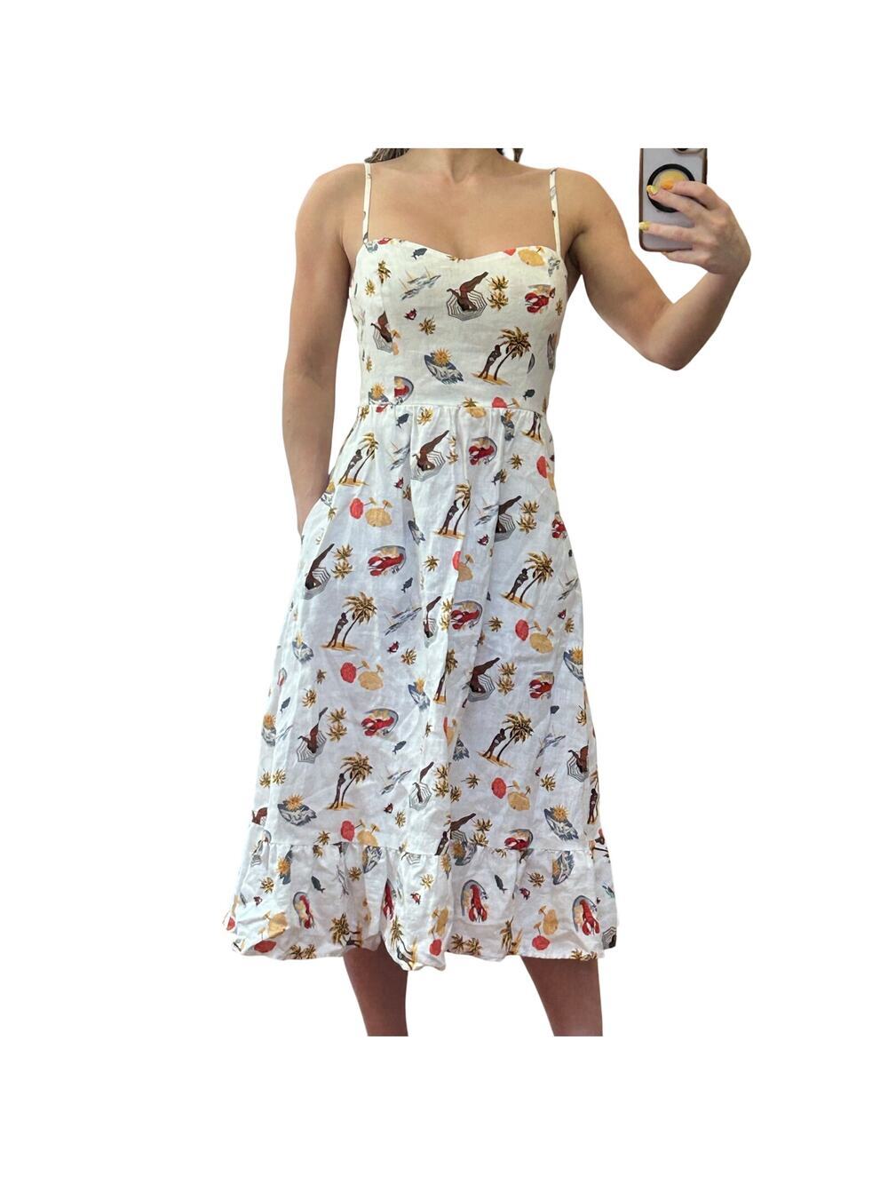 Reformation Eileen Linen Midi Dress Size 0 - Tropez Lobster Coastal Print